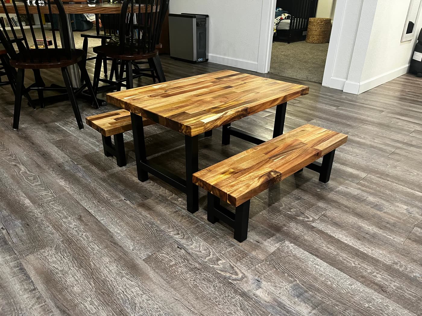 Kids table and bench set — butcher block top with welded steel frame