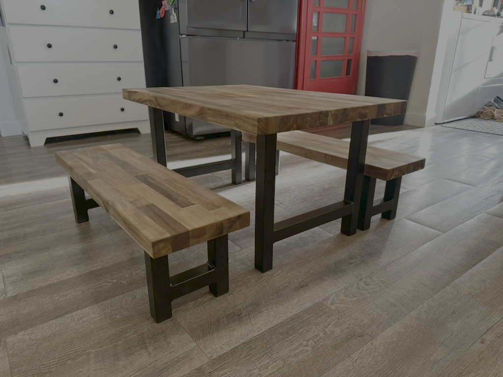 Kids table and bench set — butcher block top with steel frame